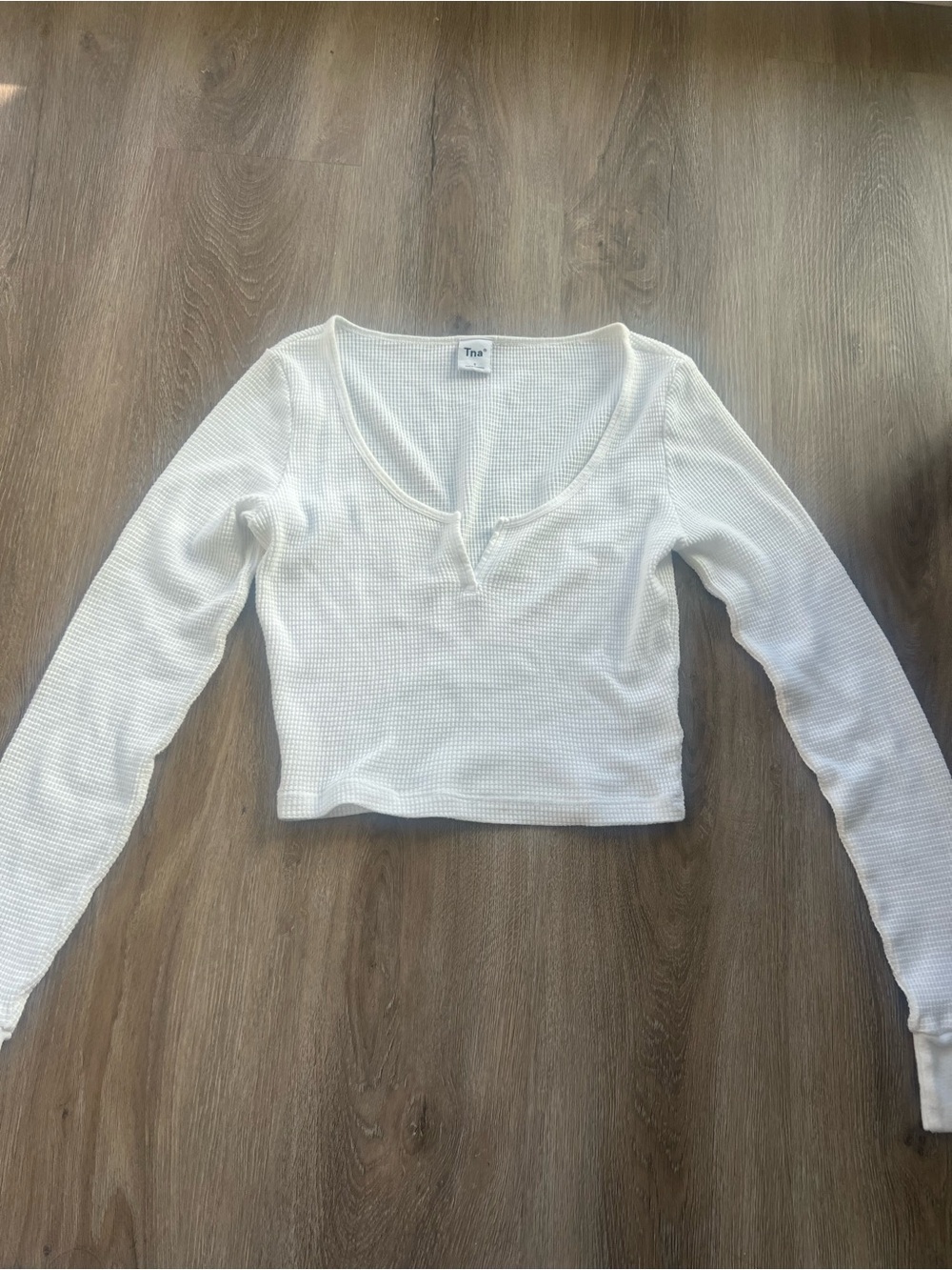 TNA White Waffle Knit Long Sleeve Crop Top